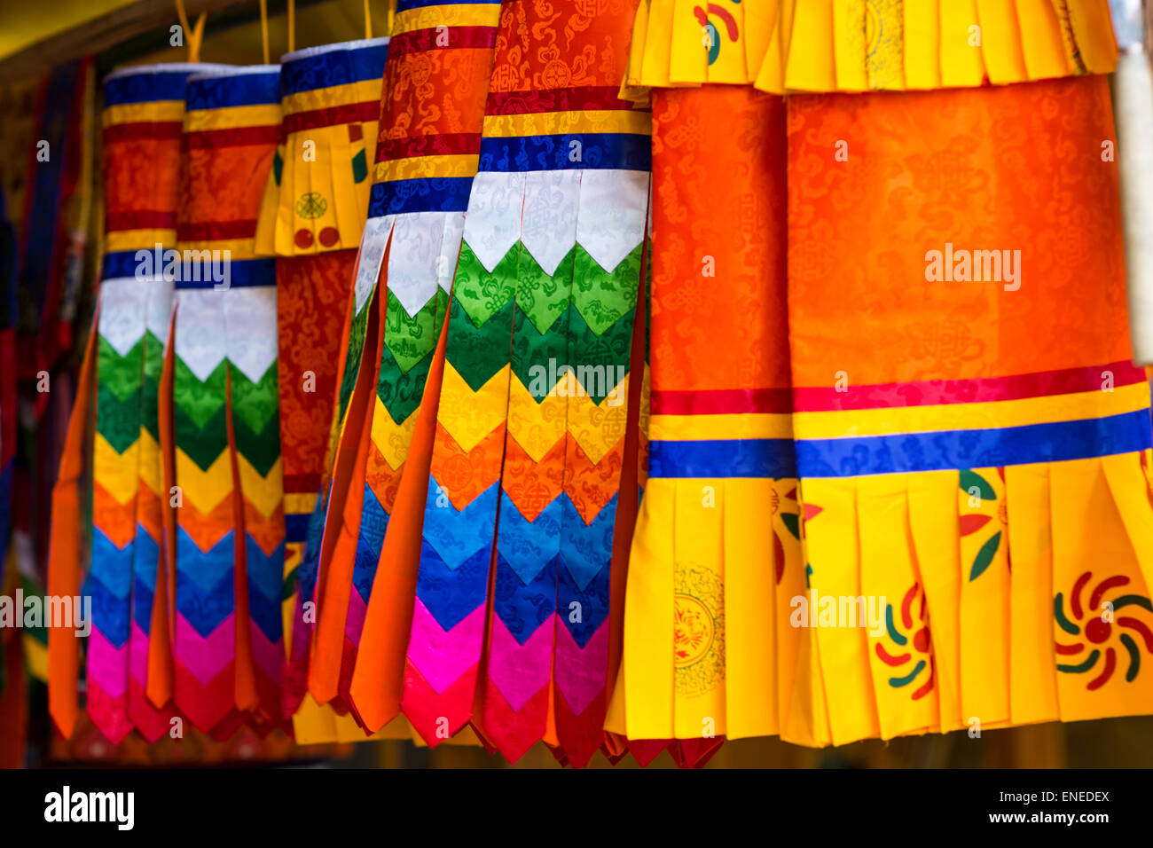 Brightly-colored decorative parasols at the handicraft market in Thimphu, Bhutan, Asia Stock Photo