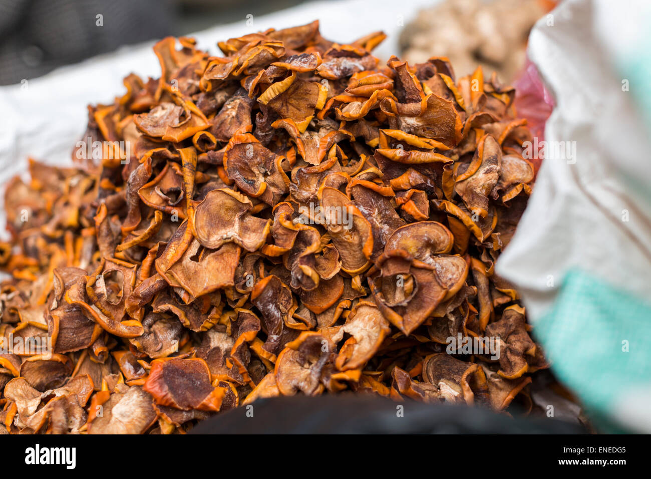 Dried persimmons at the weekend covered market in Thimphu, Bhutan, Asia Stock Photo