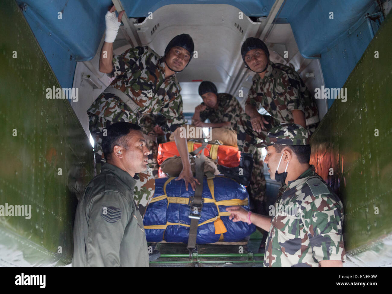Nepal. 3rd May, 2015. Napoli Army prepare for an air drop at Tribhuvan International Airport in Kathmandu. A major 7.9 earthquake hit Kathmandu mid-day on Saturday, April 25th, and was followed by multiple aftershocks that triggered avalanches on Mt. Everest that buried mountain climbers in their base camps. Credit:  PixelPro/Alamy Live News Stock Photo