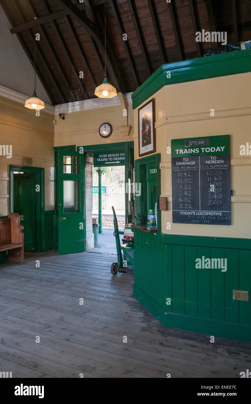 The booking hall at Corfe Castle railway station on the restored Swanage steam line Stock Photo