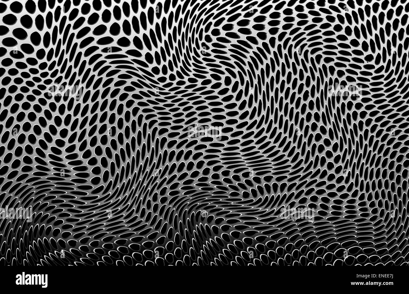 Illustration of a sheet of distorted metallic holes, twisted and curved in an abstract pattern to form a complex warping random effect. Stock Photo