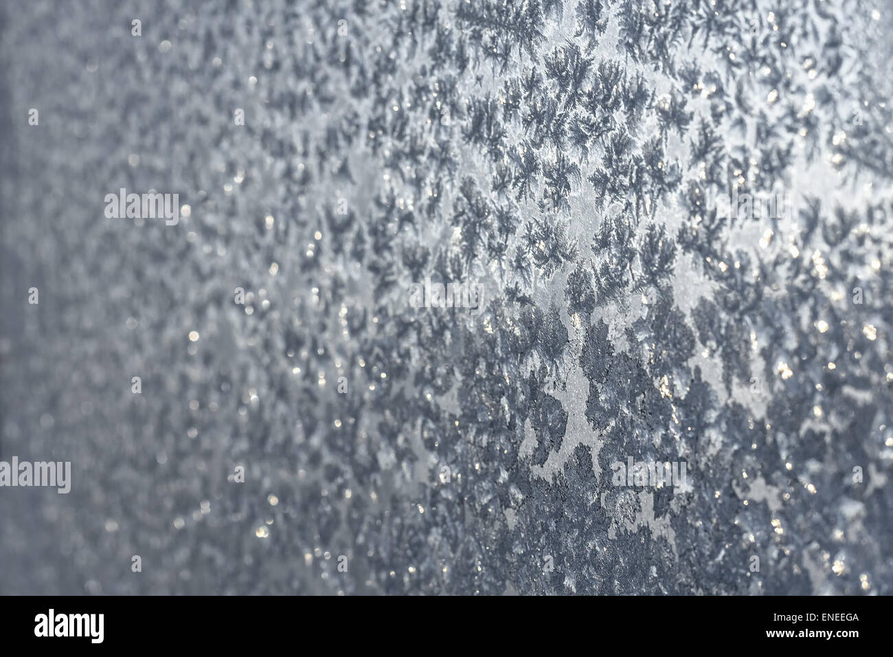 Ice snowflakes and frost pattern on frozen Christmas winter window ...