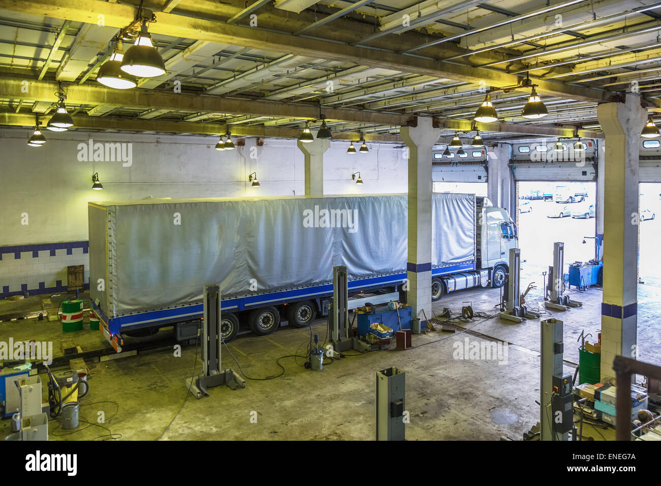 Truck or lorry repair shop service garage interior Stock Photo