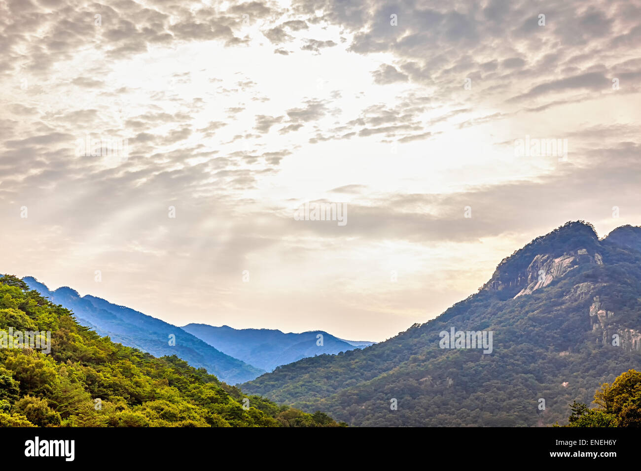 Mountains with green trees landscape and cloudy sky with sunbeams in ...