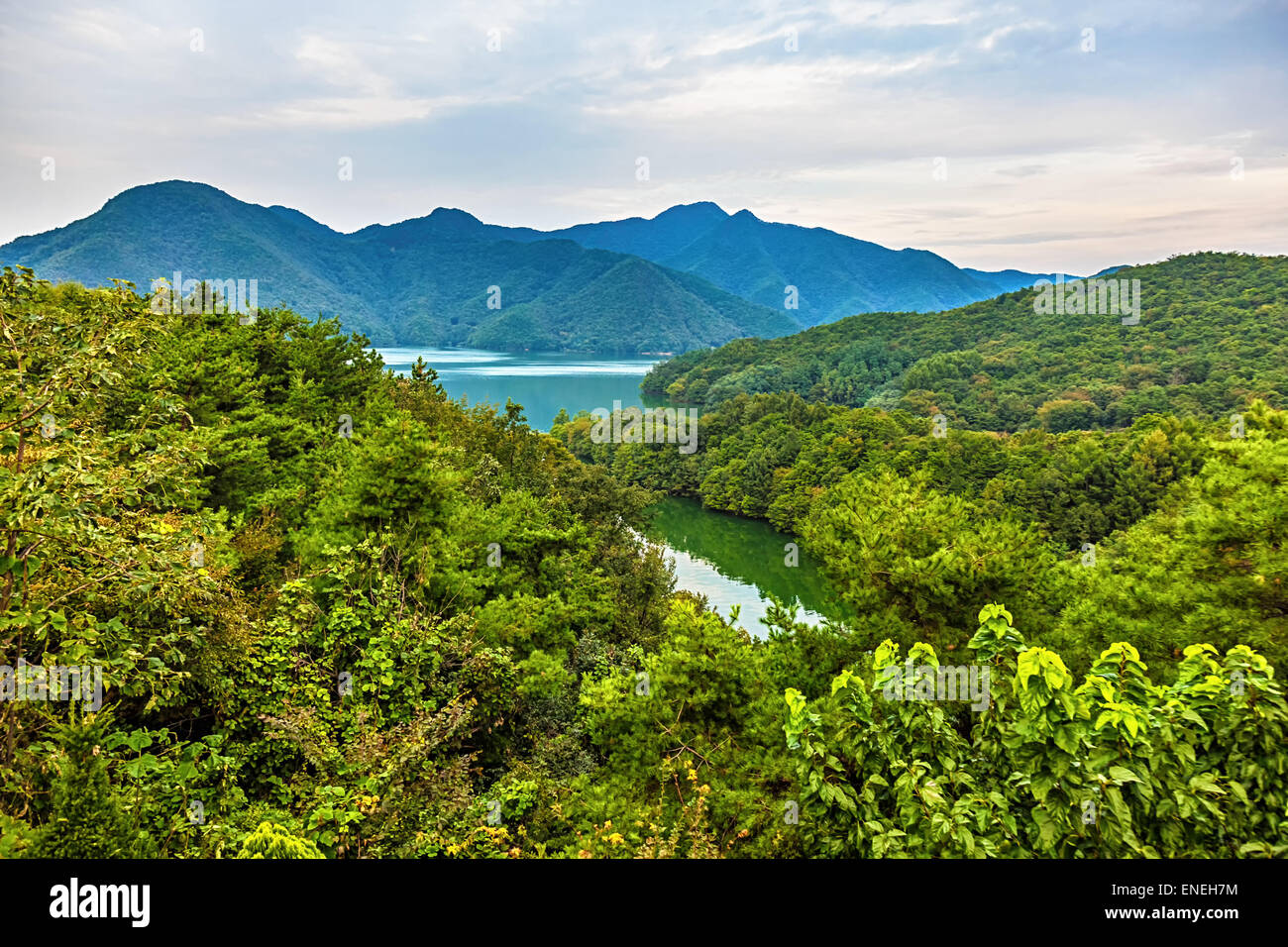 Mountains with green trees and lake landscape in South Korea Stock Photo