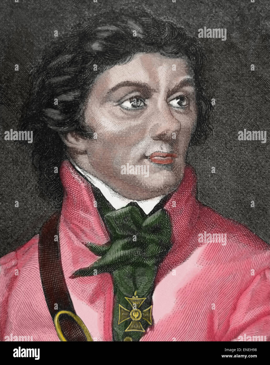 Tadeusz Kosciuszko (1746-1817). Polish military engineer and military leader. National hero in Poland. Portrait. Engraving. 19th century. Colored. Stock Photo
