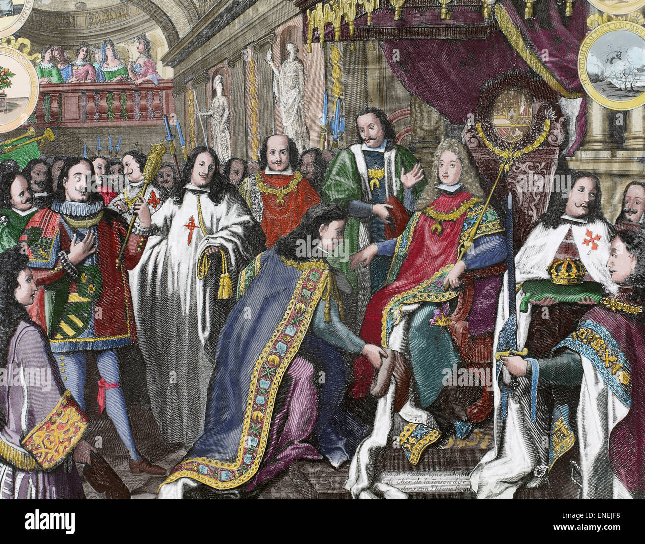 Philip V of Spain (1683-1746). King of Spain. House of Bourbon. Oath of allegiance of the military orders; Golden Fleece, Alcantara and Calatrava. Engraving. 18th century. Colored. Stock Photo
