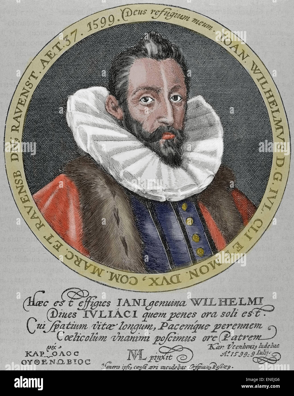 John William of Julich-Cleves-Berg (1562-1609). Duke of Julich-Cleves-Berg.  German noble and religious. Portrait. Engraving. Colored. Stock Photo