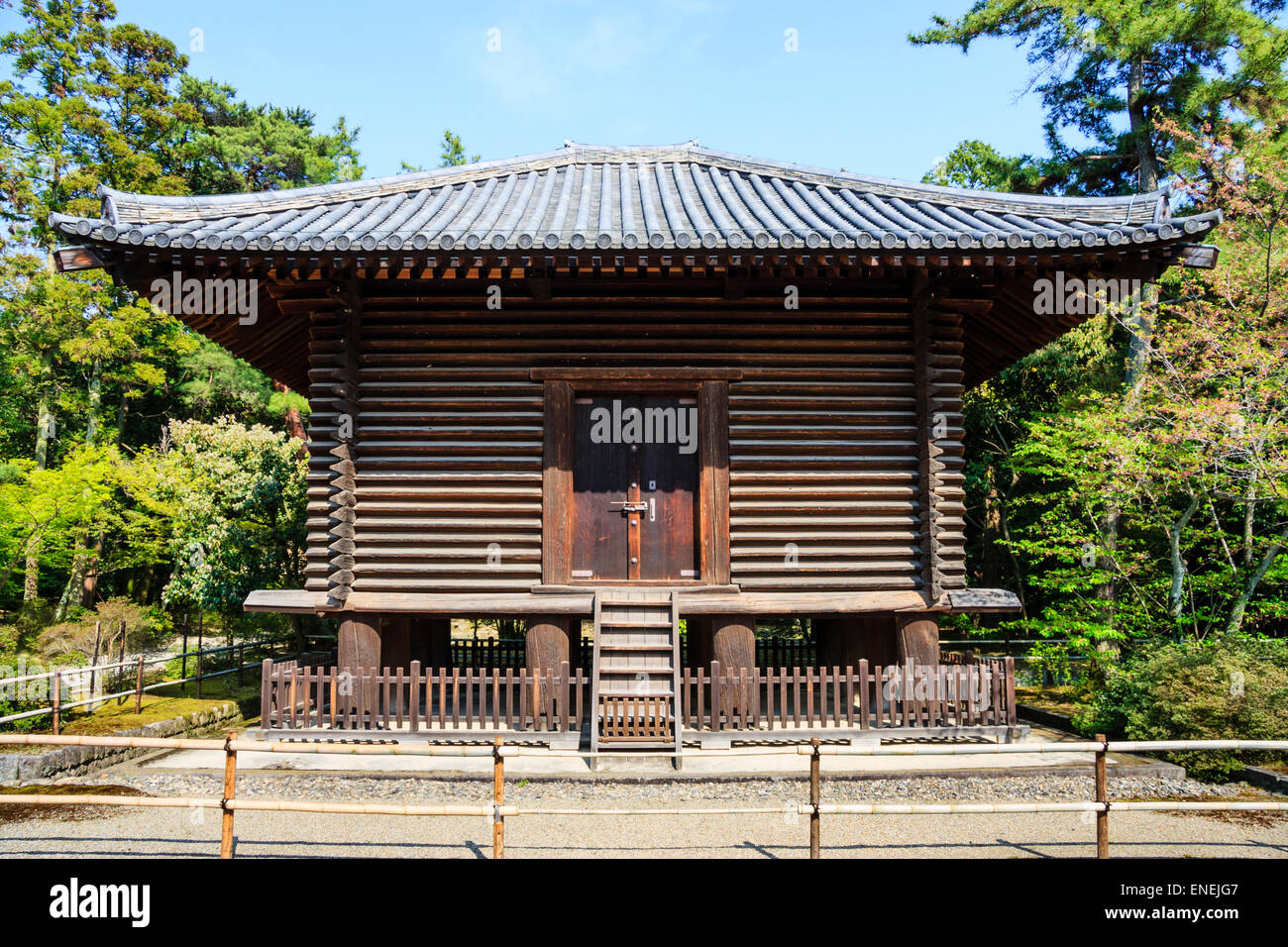 Wooden log square building, 8th century kyōzō, store-house, treasure house, a repository for sutras, at the Toshodai temple at Nara in Japan. Stock Photo