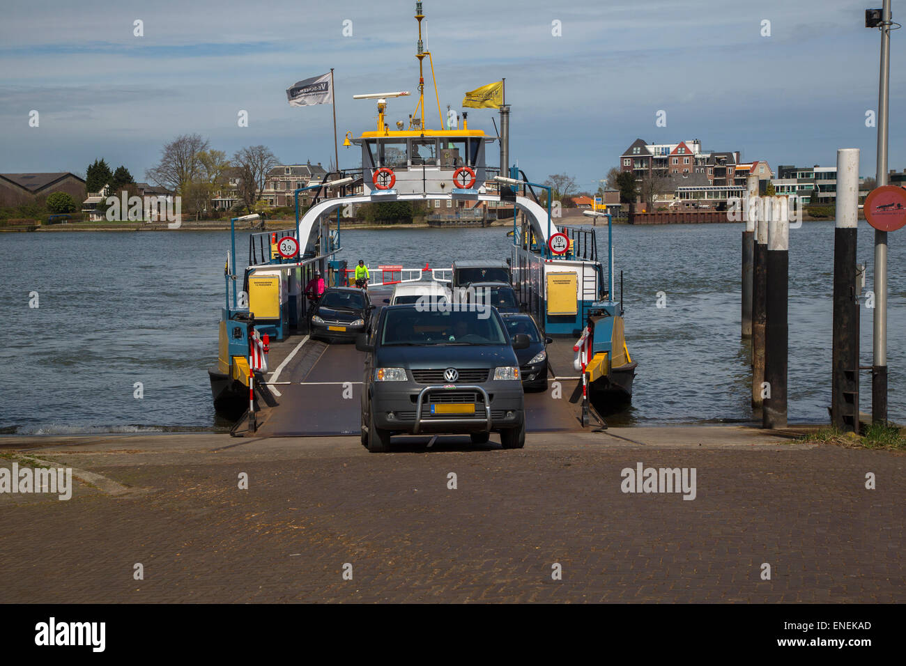 Unloading of ferry crossing river Lek to Kinderdijk, South Holland, Netherlands Stock Photo