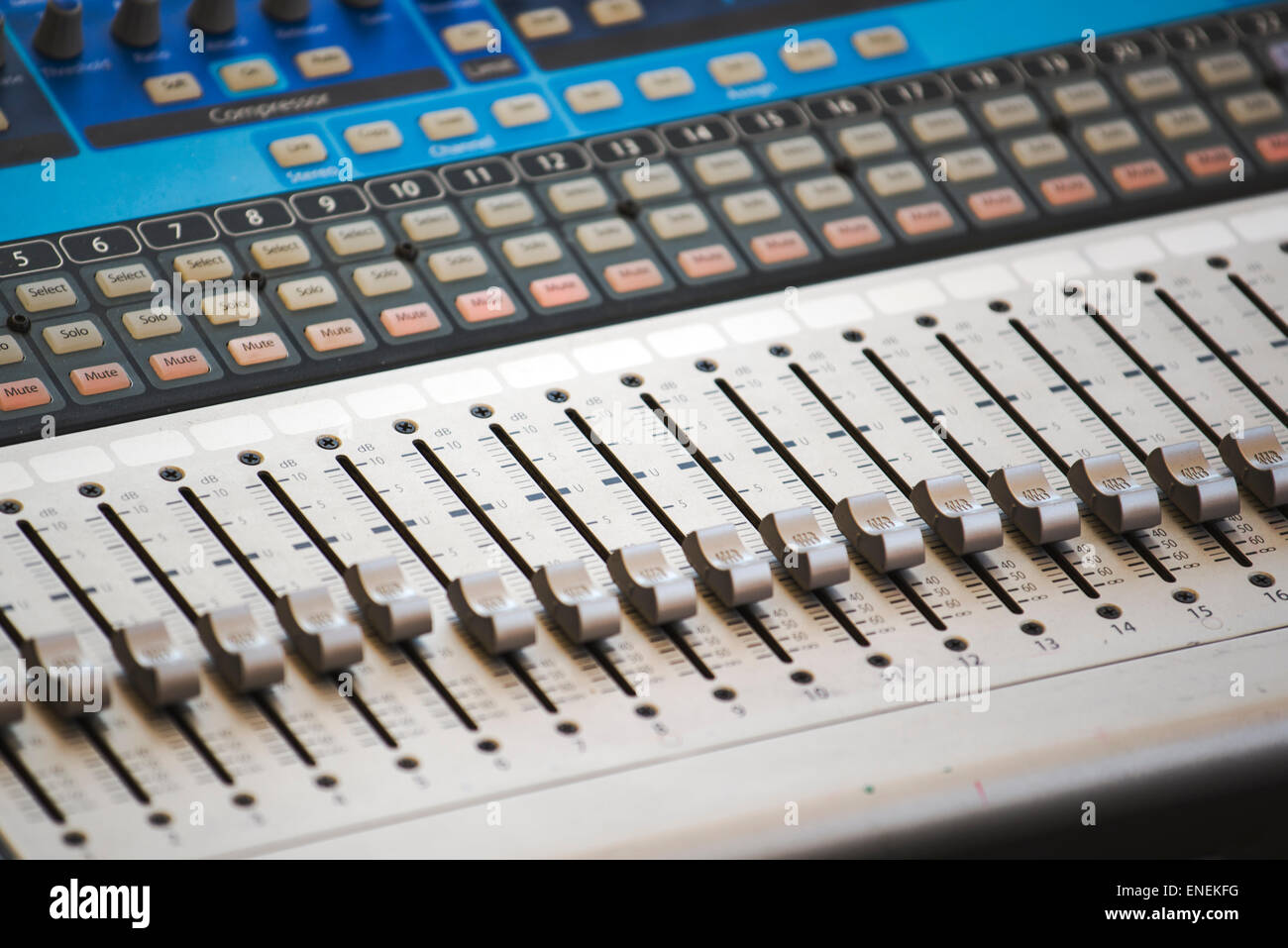 Control Board of Sound Mixer, Detail with Selective Focus Stock Photo