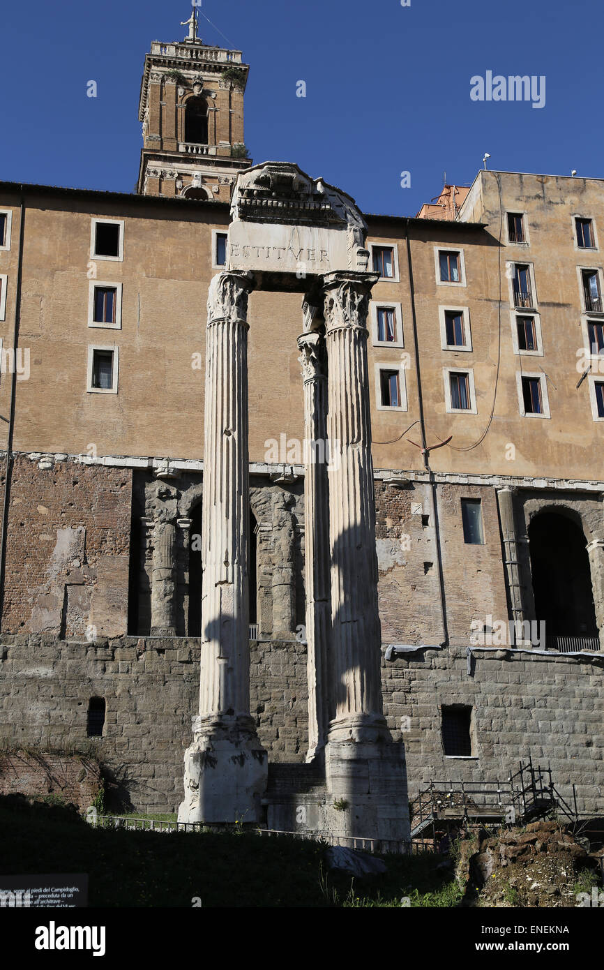 Italy. Rome. Roman Forum. Temple of Vespasian and Titus. 1st AD. Stock Photo