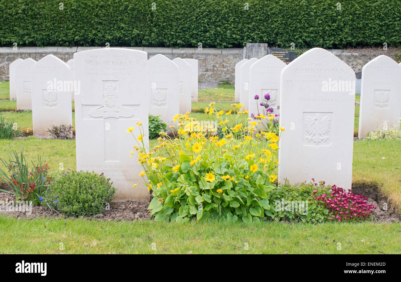 War graves of Polish and British soldiers side by side St Mary's churchyard, Morpeth, north east England, UK Stock Photo