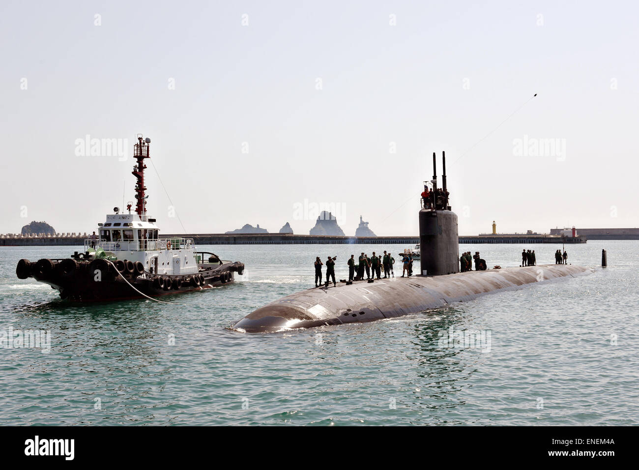 U.S. Navy Los Angeles-class fast attack submarine USS Pasadena arrives for a port visit May 1, 2015 in Busan, South Korea. Stock Photo