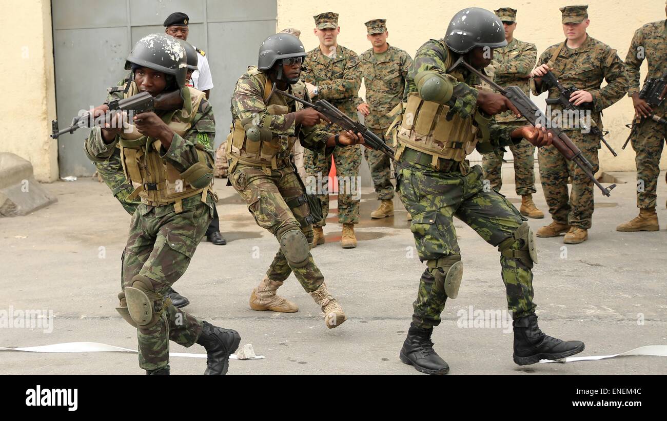 Angolan marines demonstrates close quarter battle techniques during a training session with U.S. Marines March 4, 2015 in Luanda, Angola. Stock Photo