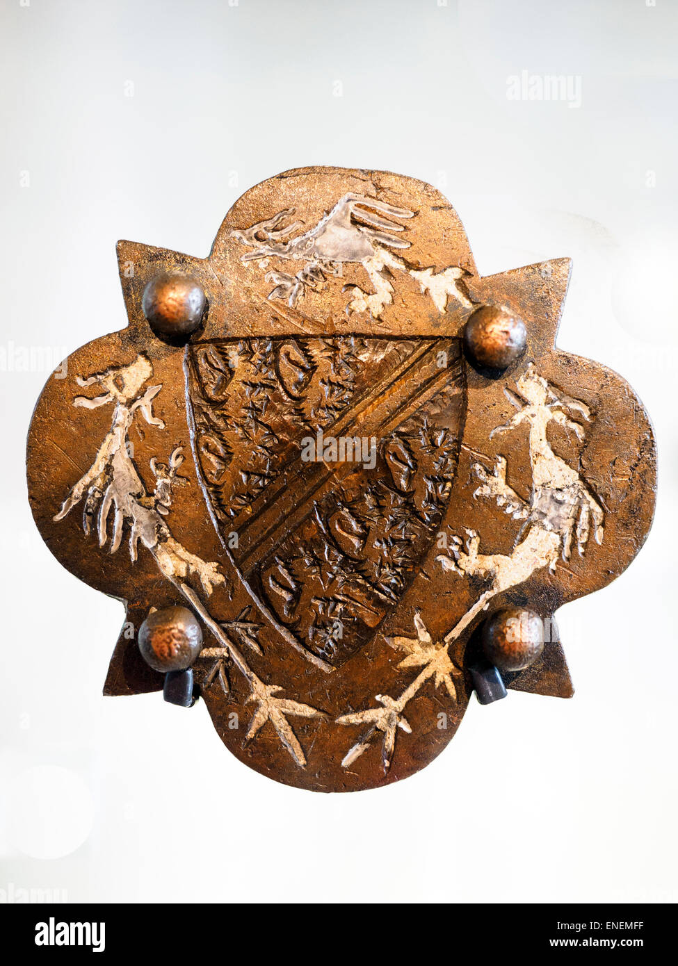 Harness decoration 1300s Horse harness was sometimes decorated with coats of arms. This mount shows the arms of Earls of Hereford, who were hereditary ' constables' of England from 1176 to 1372, responsible of organising tournaments and of matters of chivalry. Museum of London, England Stock Photo