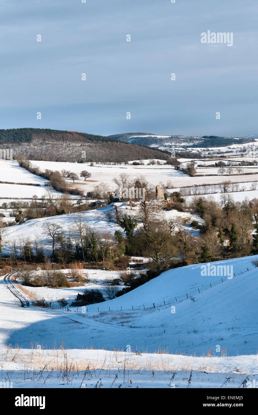 Stapleton Castle, Presteigne, Powys, UK. A winter view of this medieval