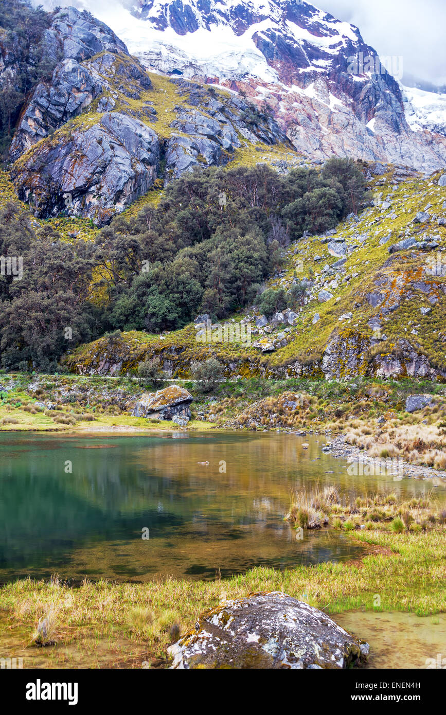 Lake and snowy mountain in the Cordillera Blanca near Huaraz, Peru Stock Photo