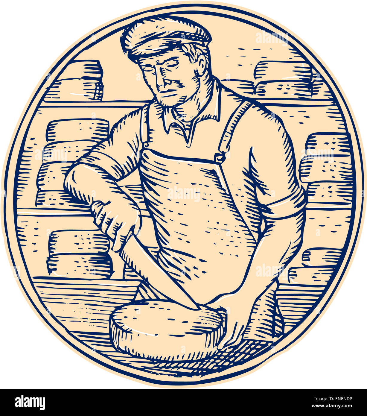 Etching engraving handmade style illustration of a cheesemaker standing ...