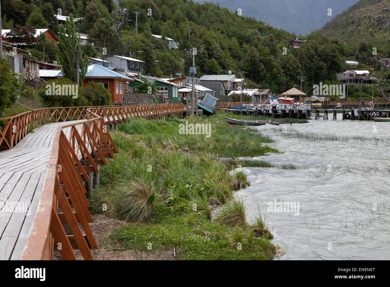 Tortel Traditional wooden walkways. Caleta Tortel coastal village. Aysén ...