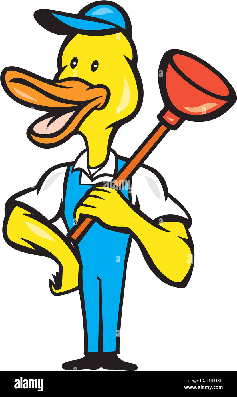 Cartoon style illustration of a duck plumber standing holding plunger ...