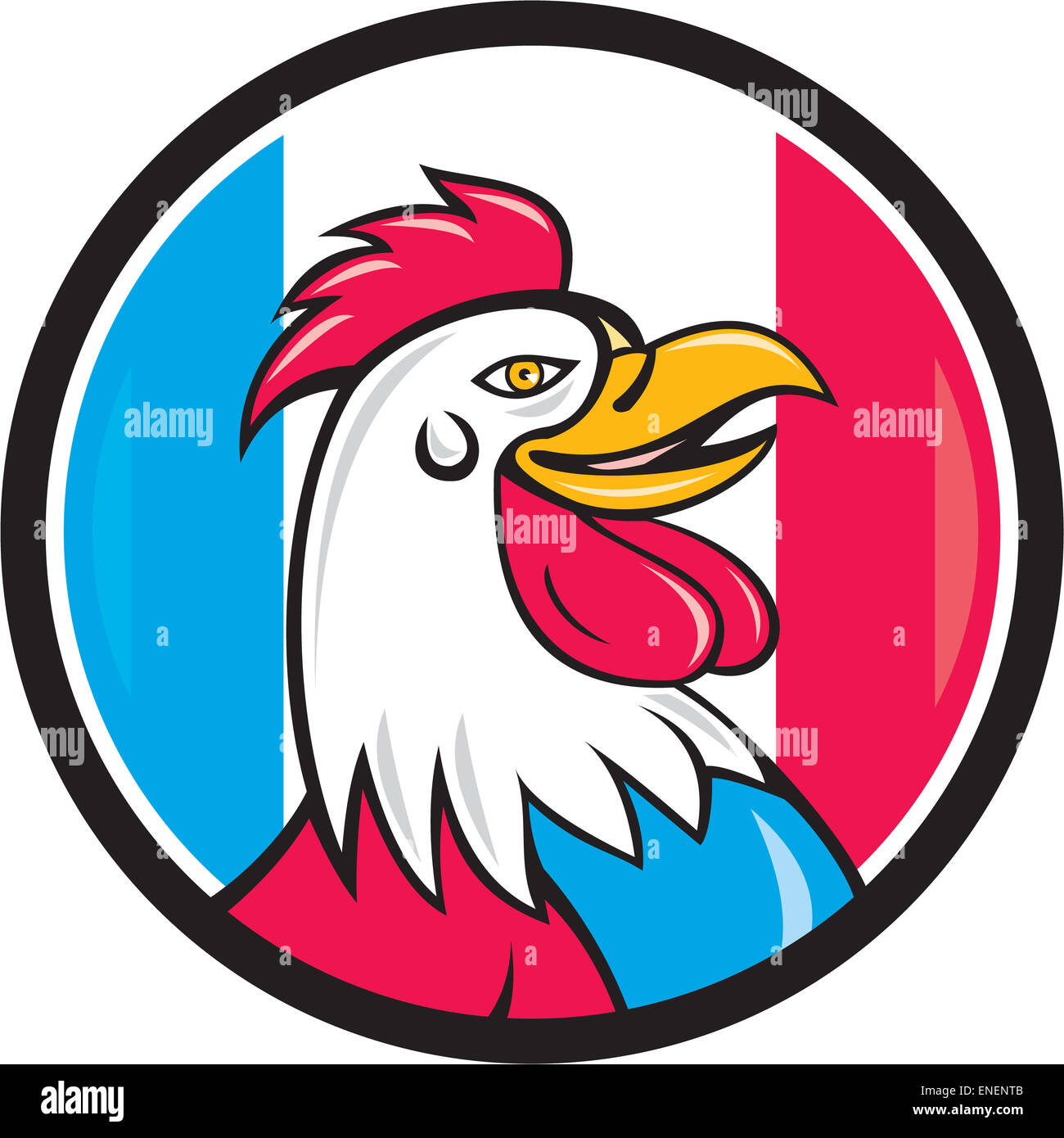 Cartoon style illustration of a french rooster chicken head smiling viewed from the side set inside circle with france flag stripes in the background. Stock Photo