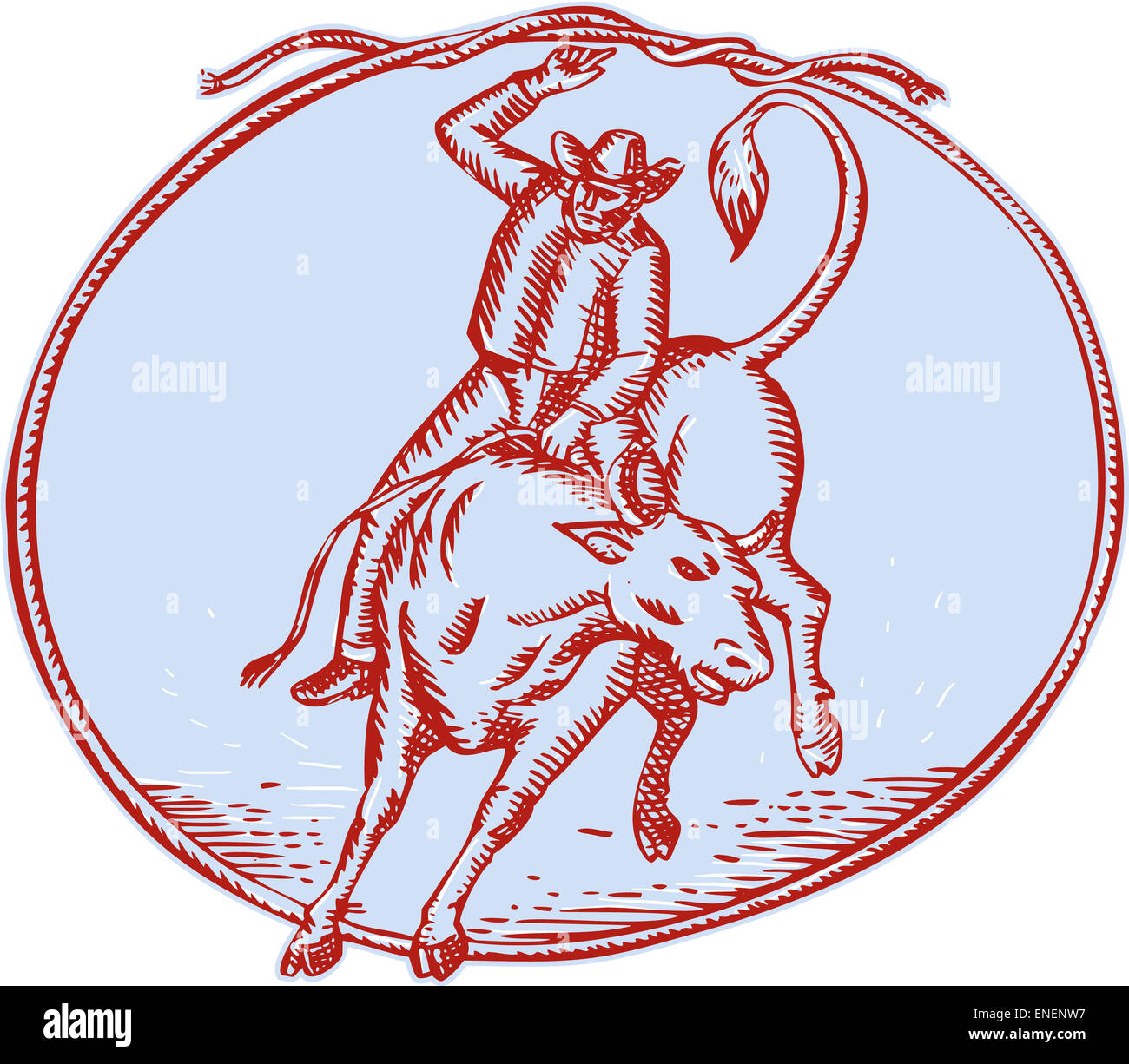 Etching engraving handmade style illustration of rodeo cowboy riding bucking bull set inside a circle shaped rope tied on top on isolated background. Stock Photo