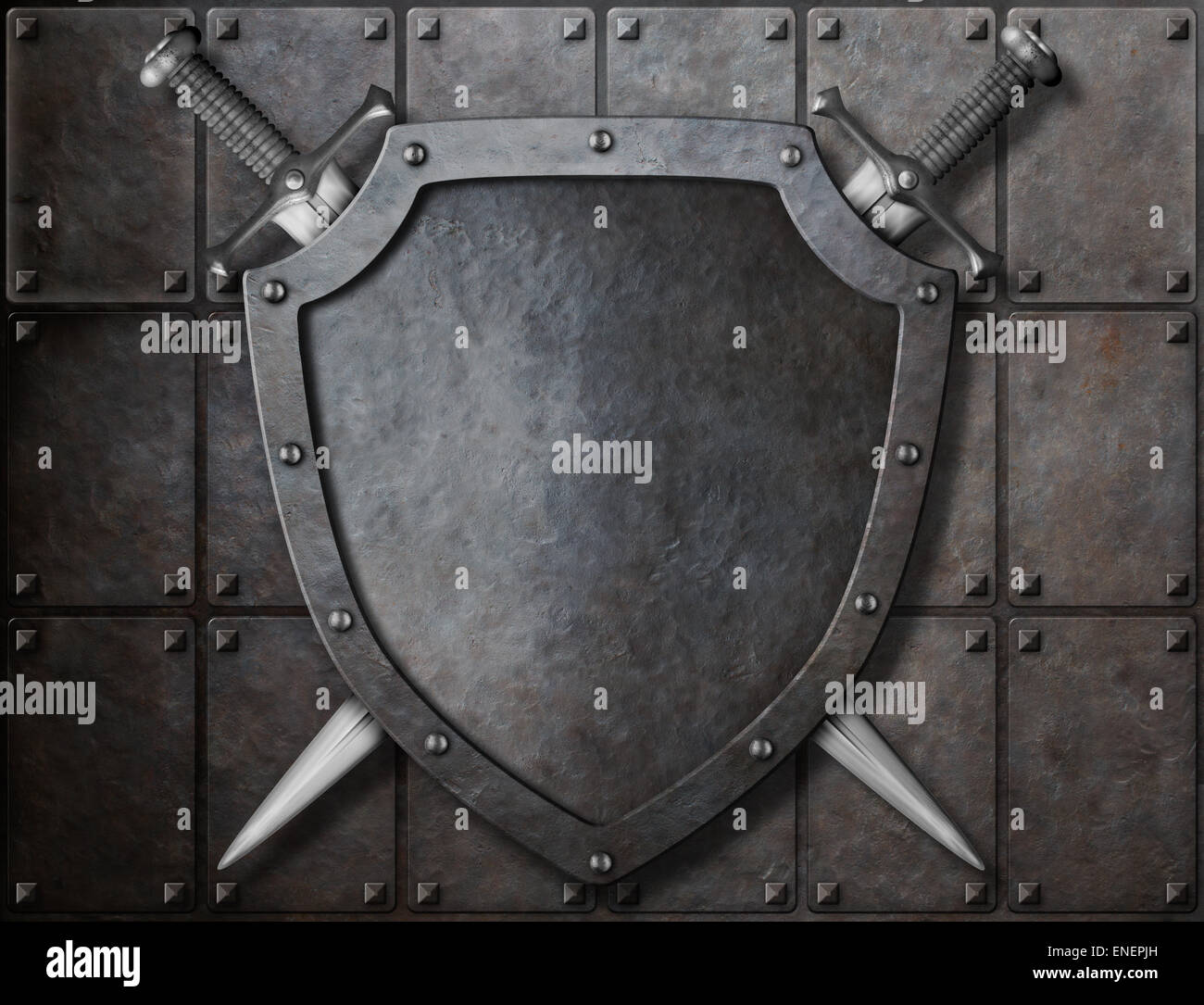 knight shield and two swords over armor plates Stock Photo Alamy