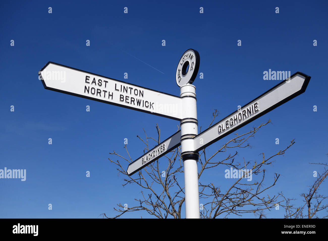 Historic East Lothian County Council Finger Post, road direction sign, near Blackdykes, North Berwick Stock Photo
