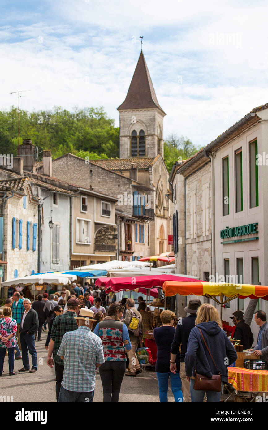 Overview Sunday market of Montcuq with local culinary food products in France Stock Photo