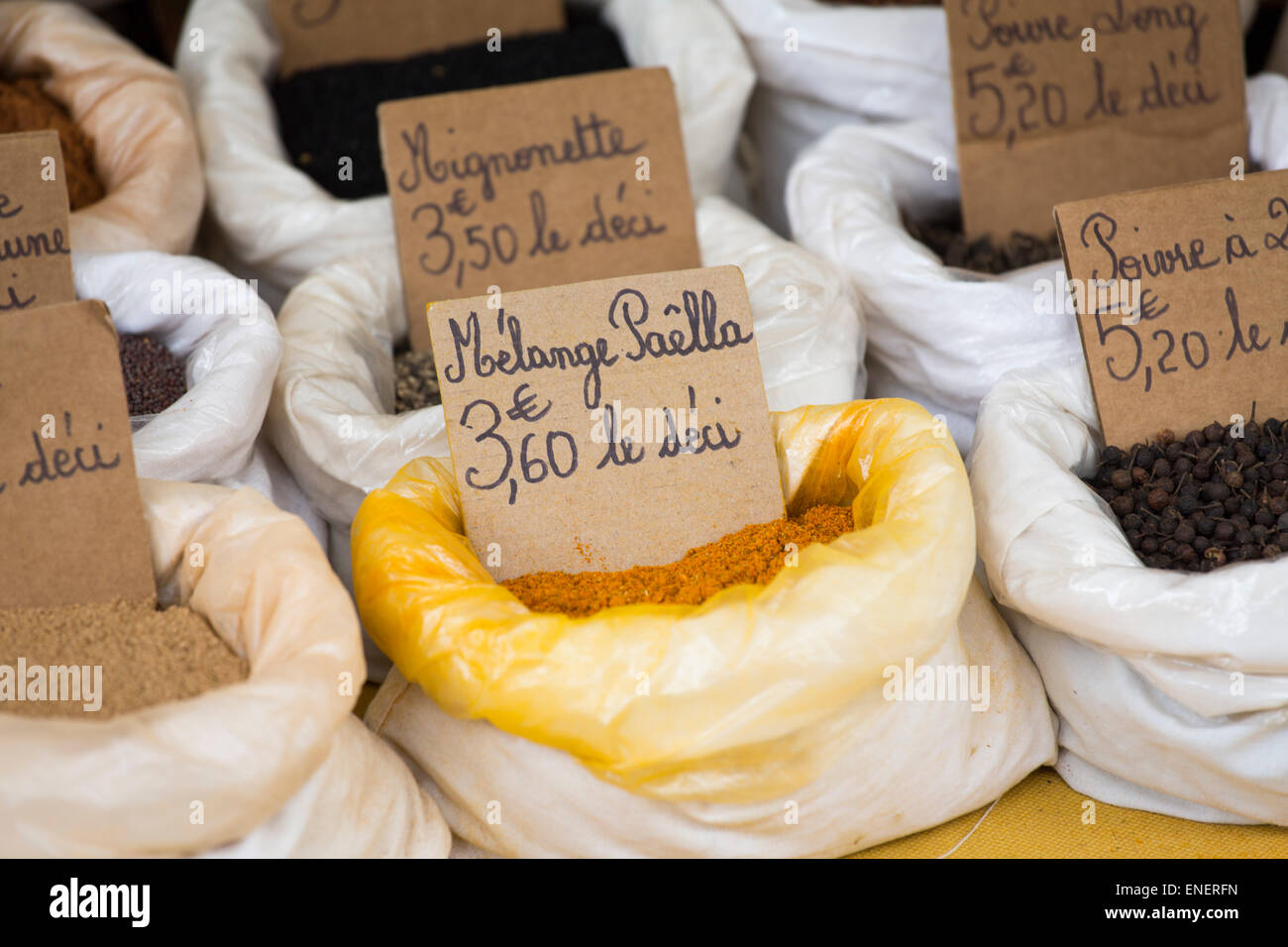 Mixed spices for paella at the sunday market of Montcuq with local food
