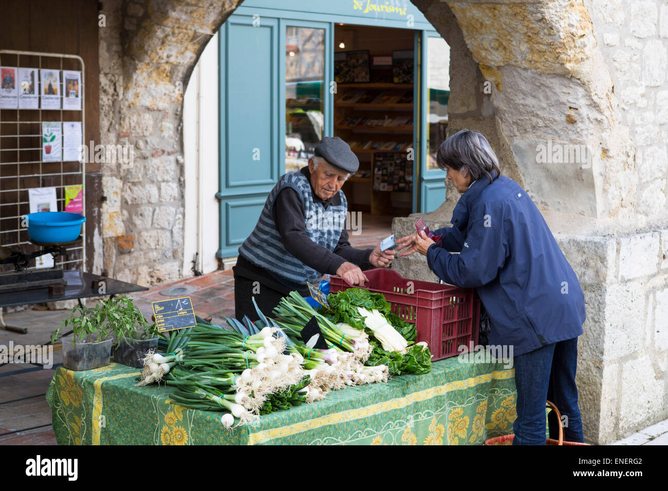 Local market of Lauzerte with a stand for vegetables Stock Photo