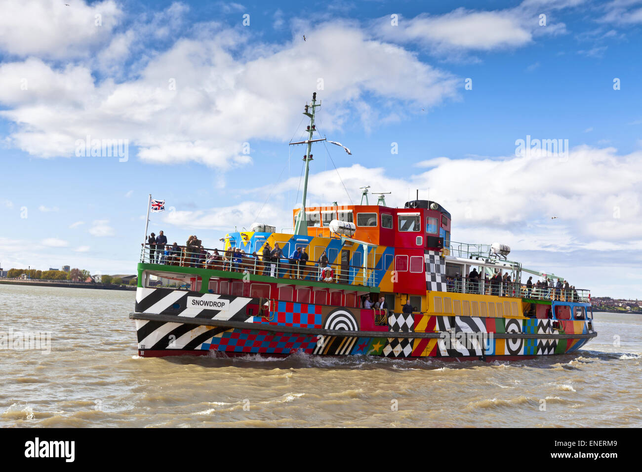 The Mersey ferry Snowdrop with its new ‘dazzle’ paintjob created by Sir Peter Blake. Stock Photo