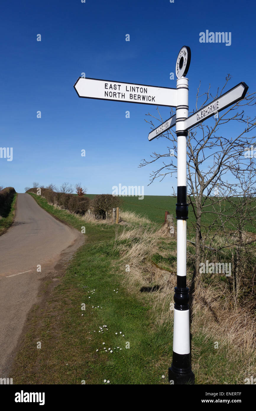Historic East Lothian County Council Finger Post, road direction sign, near Blackdykes, North Berwick Stock Photo