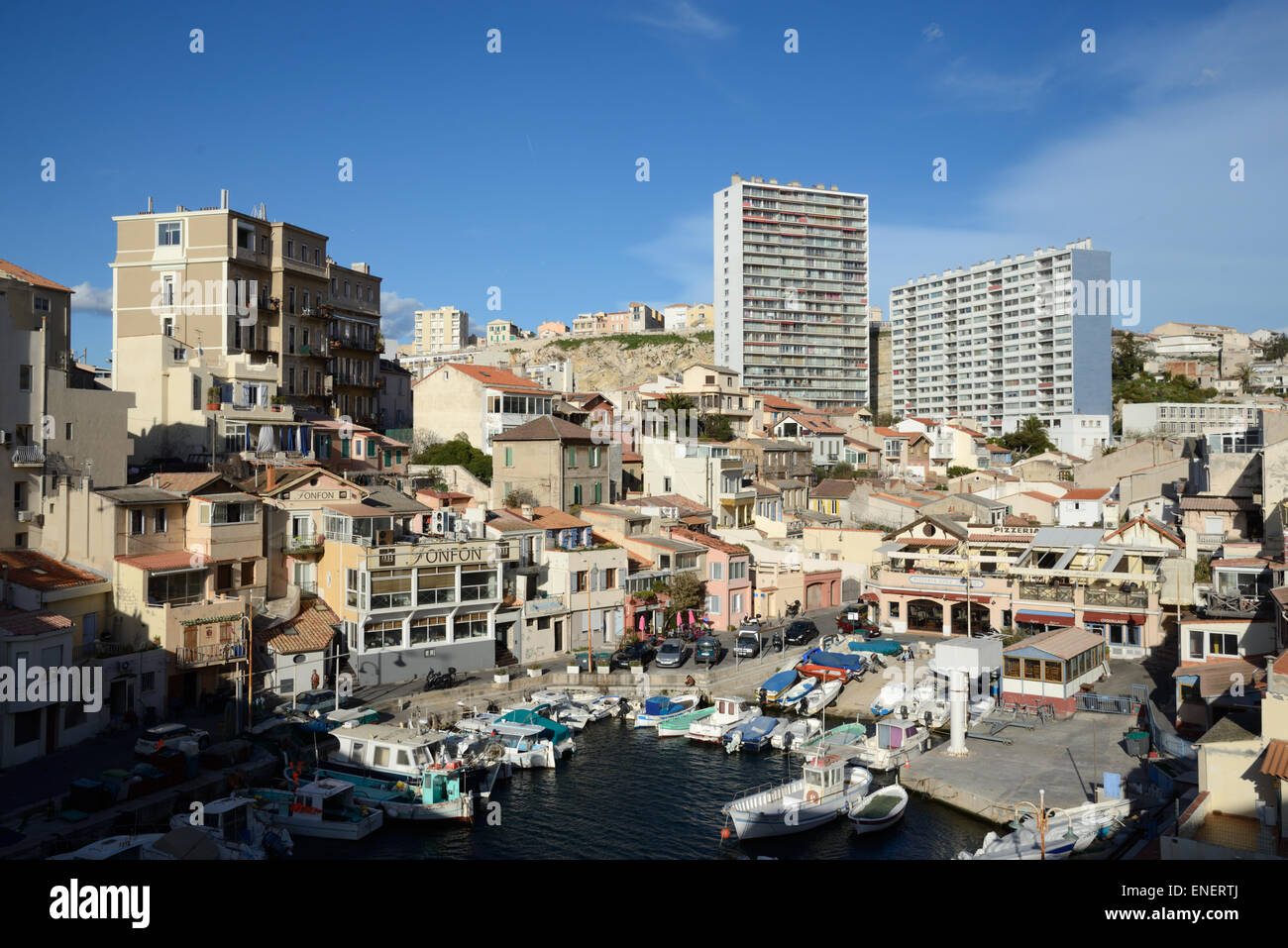 Old Houses and Modern Apartments or Apartment Buildings and Fishing Port Vallon des Auffes Marseille France Stock Photo