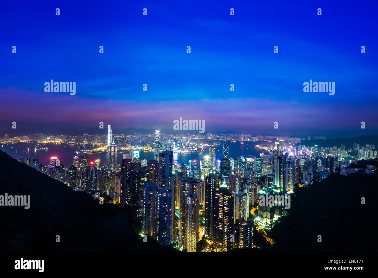 Night aerial view panorama of Hong Kong skyline and Victoria Harbor ...