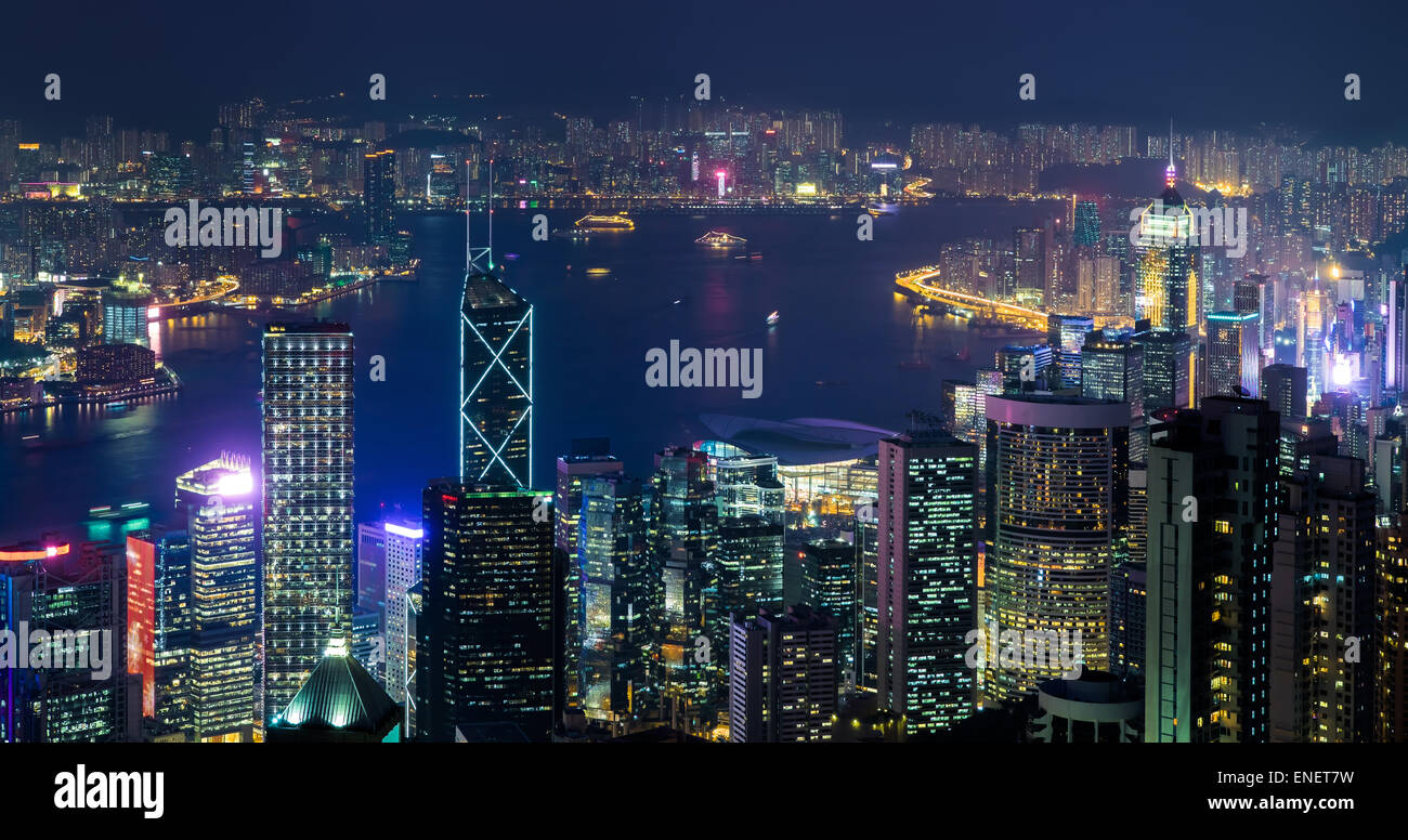 Night aerial view panorama of Hong Kong skyline and Victoria Harbor ...