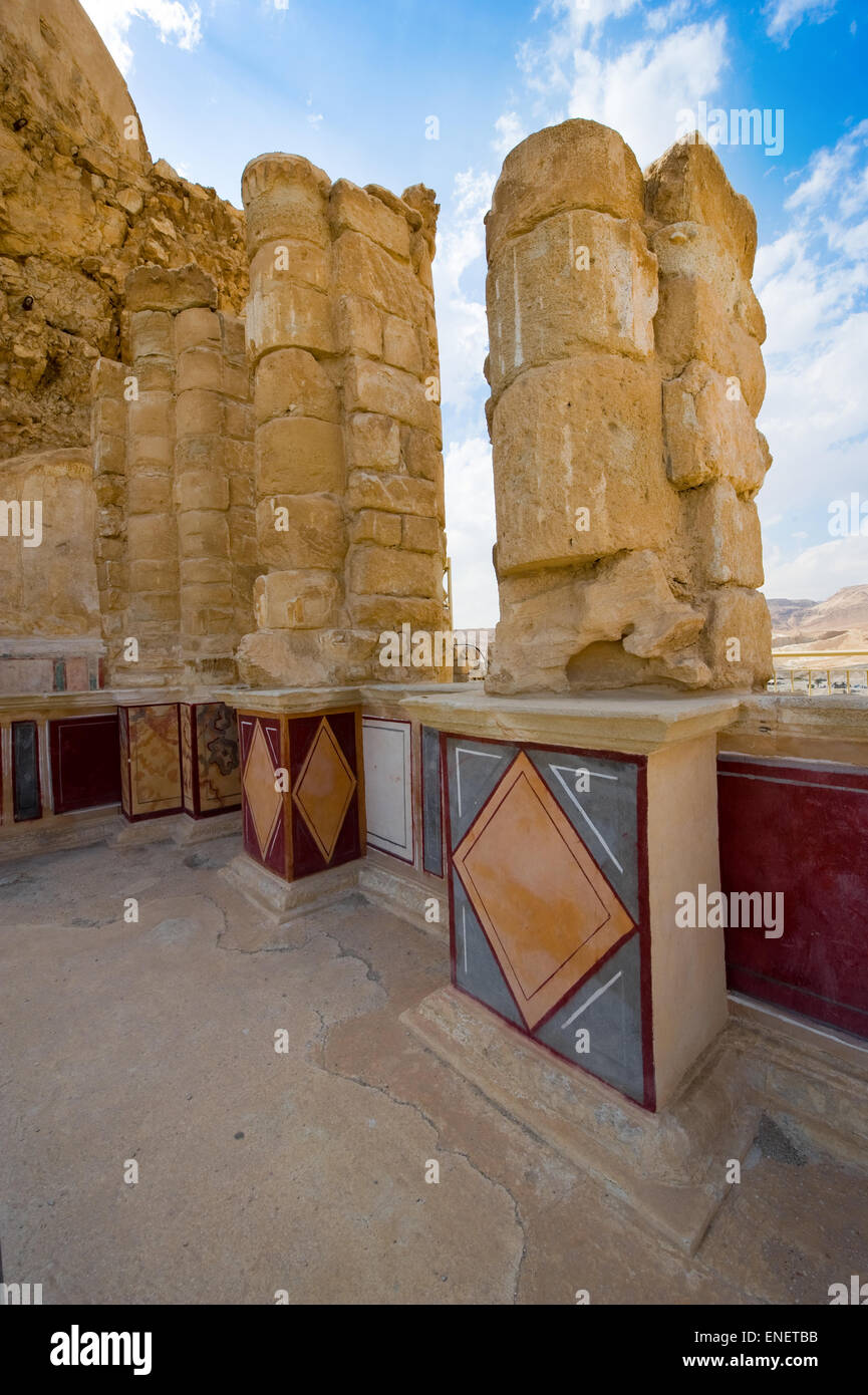 Pilasters and columns, plastered with painted frescos at the lower terrace of the palace of king Herod on the rock masada Stock Photo