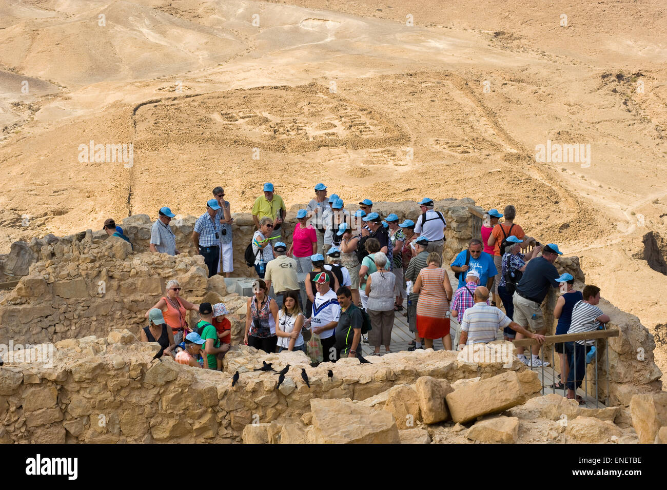 MASADA, ISRAEL - OCT 14, 2014: Tourists on top of the rock Masada in Israel, with a Roman camp on the background Stock Photo