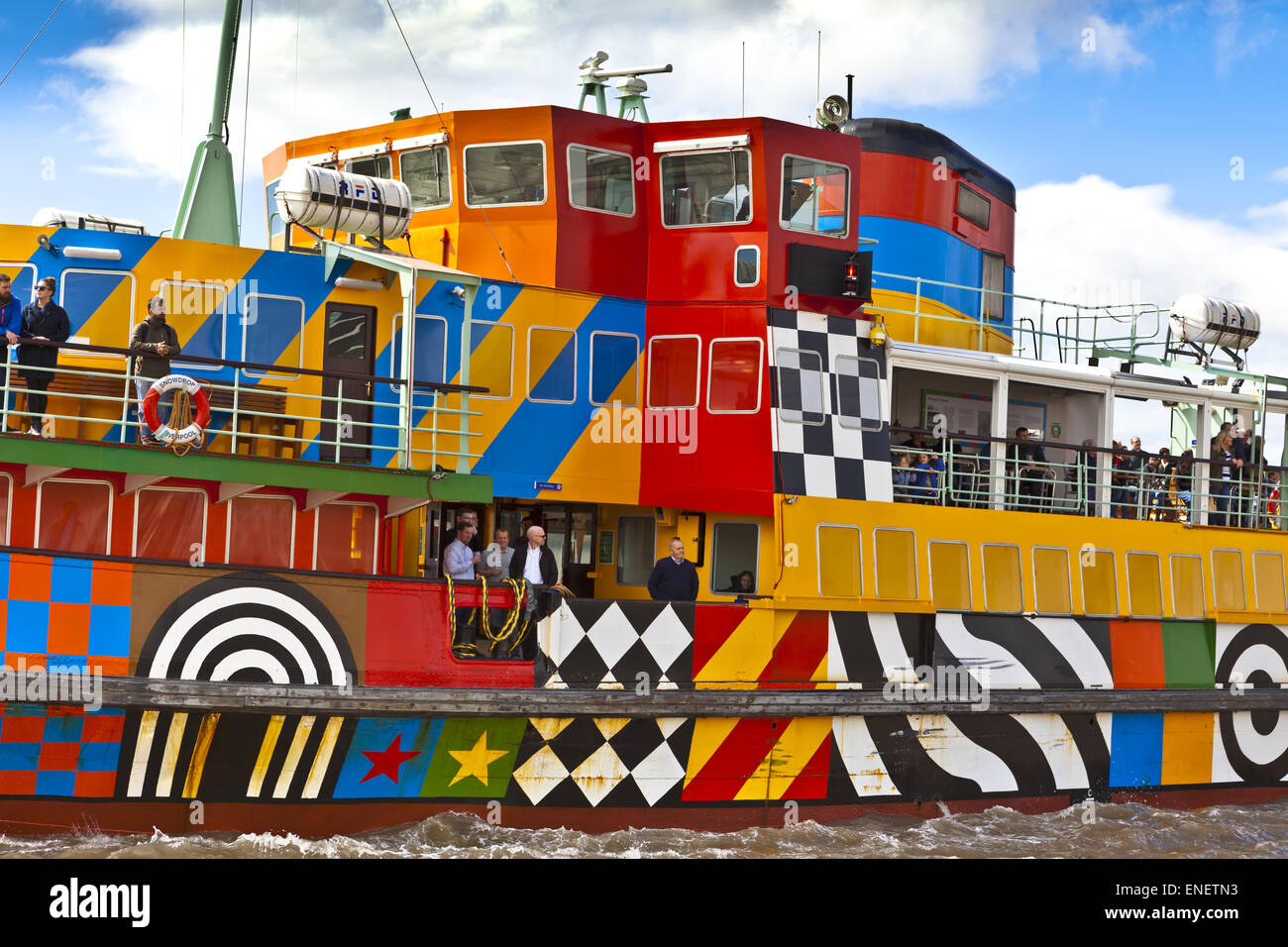 The Mersey ferry Snowdrop with its new ‘dazzle’ paintjob created by Sir Peter Blake in homage to the 1st World War's camouflage. Stock Photo