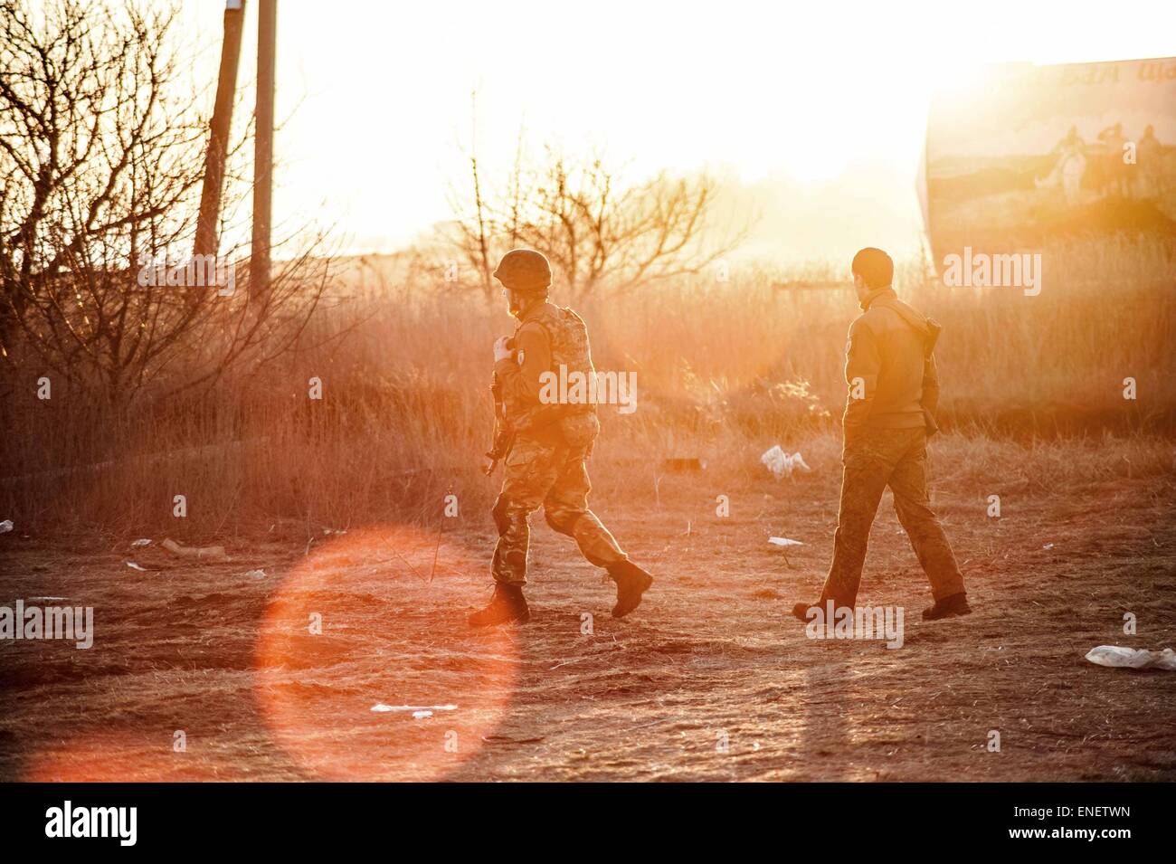 Ukrainian fighters return from the front line near Shyrokine in eastern Ukraine. Stock Photo