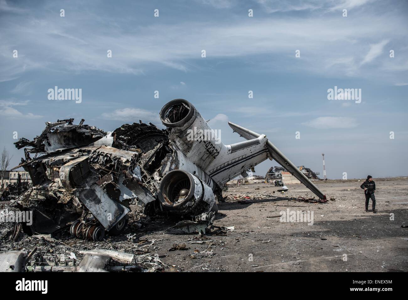 A passenger plane lies destroyed in the ruins of Donetsk Airport in eastern Ukraine Stock Photo