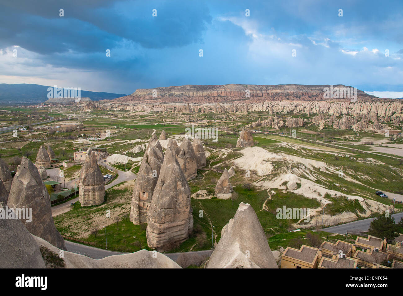 Goreme National Park, seen from a viewpoint in Goreme village. Stock Photo