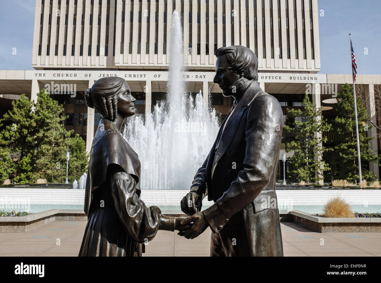 Statue of joseph and emma smith outside offices of the church of jesus