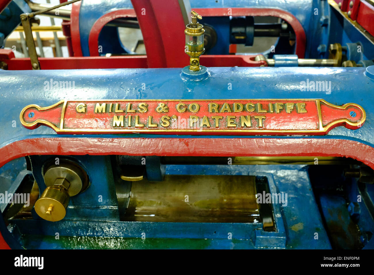 Name plate on steam engine by Mills and Co of Radcliffe, Lancashire, UK Stock Photo