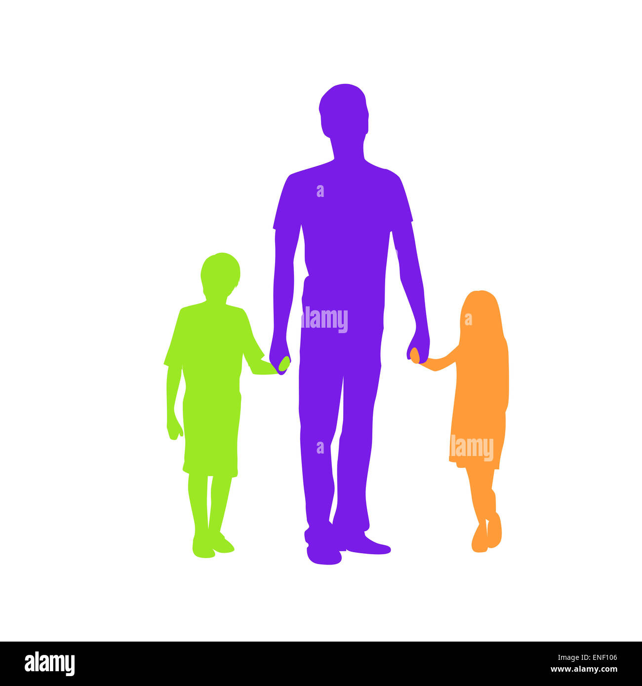 Family Silhouette Father with Two Kids Holding Hands Stock Photo