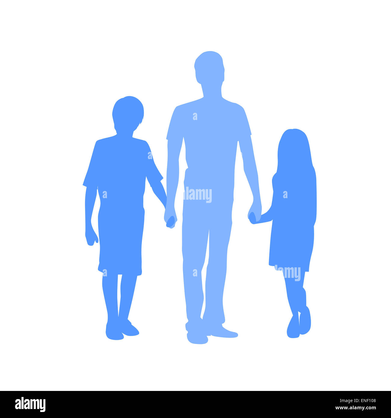 Family Silhouette Father with Two Kids Holding Hands Stock Photo