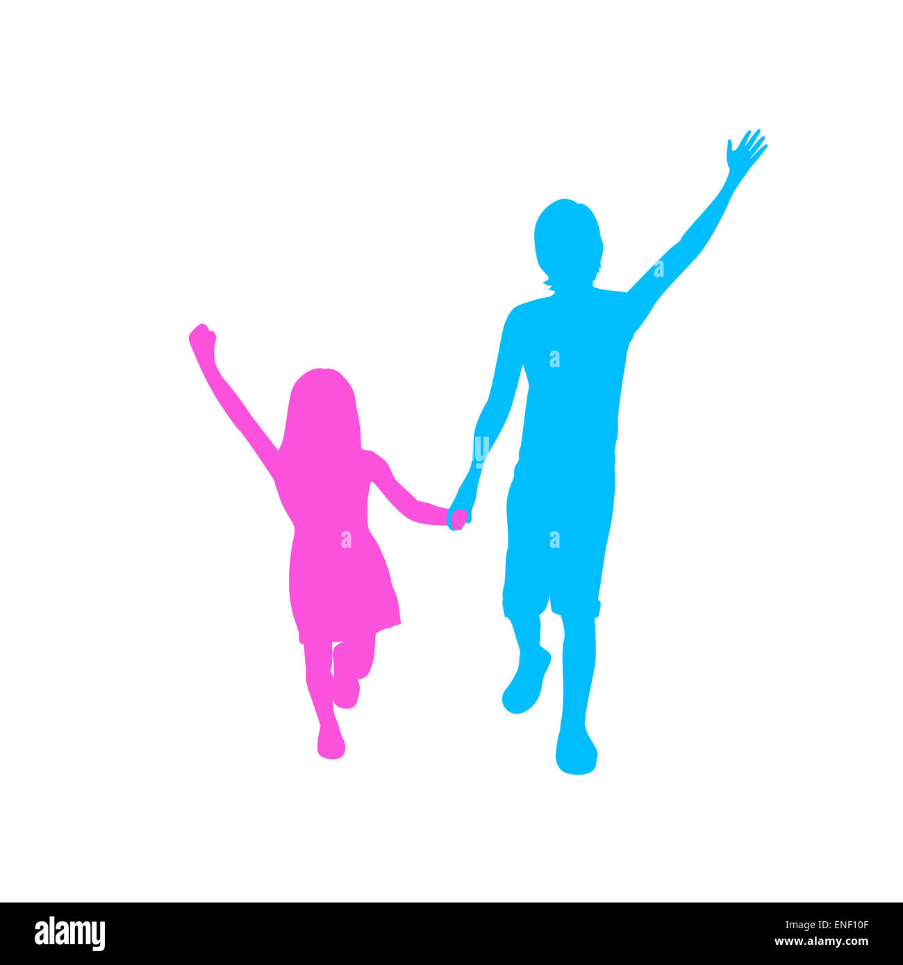 Children Silhouette, Full Length Boy and Girl Stock Photo