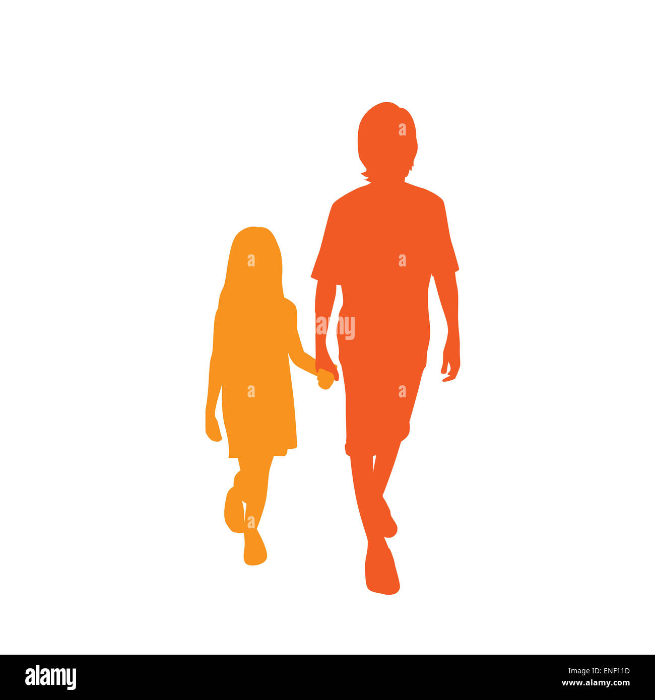 Children Silhouette, Full Length Boy and Girl Holding Hands Stock Photo