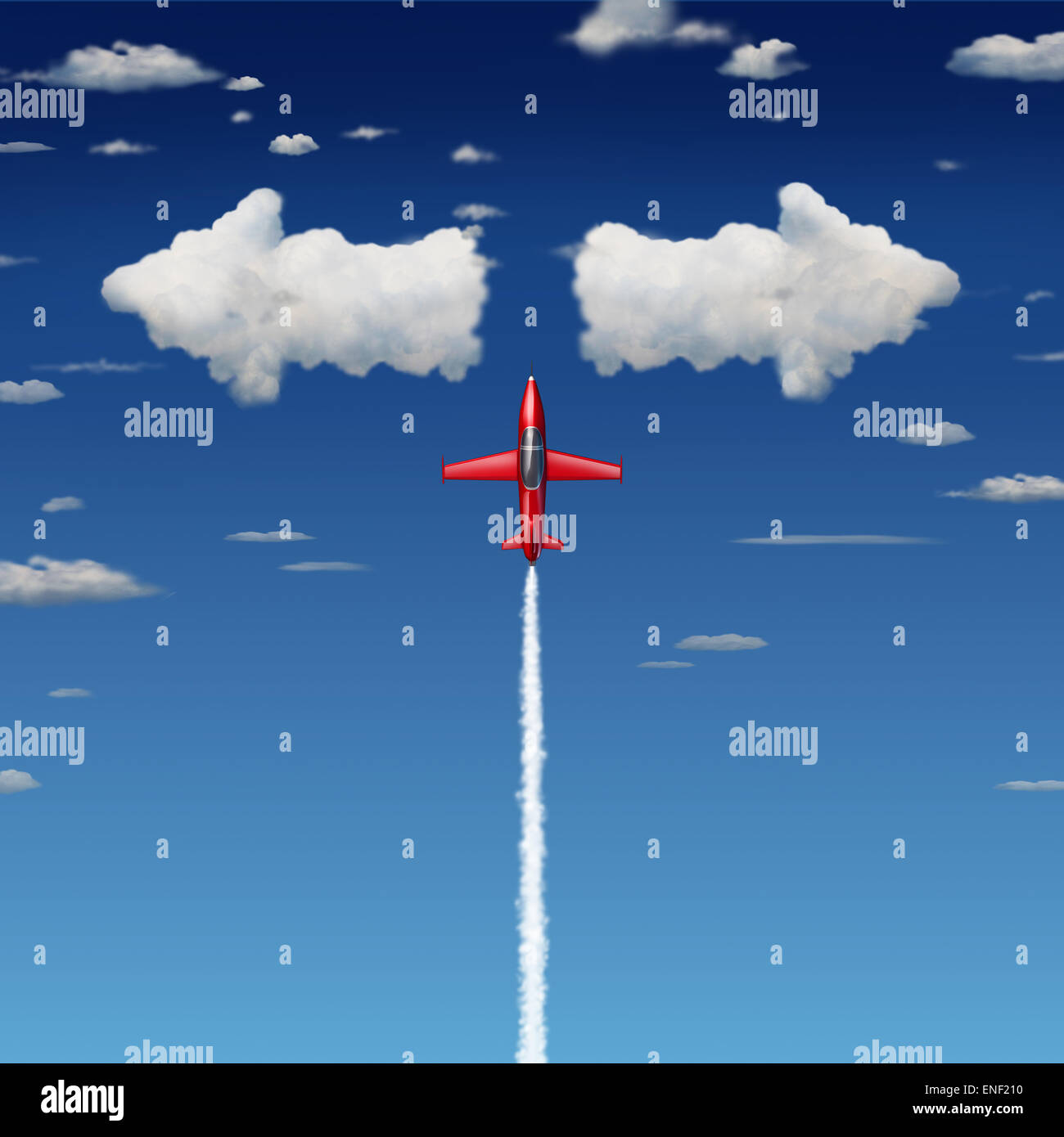 Decision making business concept as an acrobatic jet airplane flying up towards clouds shaped as arrows pointint in opposite directions as a metaphor for making quick difficult decisions. Stock Photo